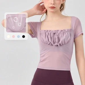 Hot Selling Square Neck Mesh Womens Top Fashion Tie Design Yoga Top Quick Dry with Chest Pad Sports Top