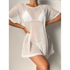 Solid Color Beach Cover up Lightweight V Neck Bikini Cover up Vacation Sun Protection Knit Cover Ups