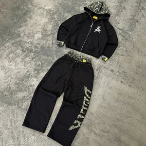 Custom Tracksuit Reversible Zip Up Camo Cropped Oversized Screen Print Hoodie Double Waist Jogging Suit Sweatpants Sweat Suit