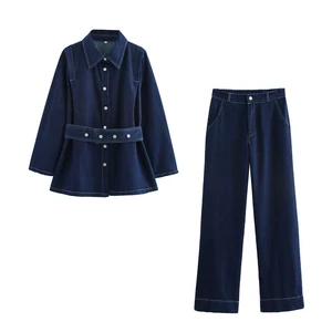 Best Selling High Quality Customizable Comfortable Casual Denim Canvas Suit Set 2-Piece Long Regular Fit Women's Summer Solid