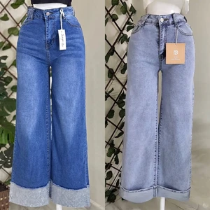 Women's Girlfriend-style Casual Denim Jeans-Wide-leg Solid Pattern-Loose Fit-Available for Wholesale-Ready to Ship