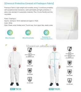 PPE Flash-Spun High Density Polyethylene Protective Coverall Cleanroom Anti-Static Fire Proof Level C Protection Laydown Collar
