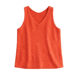 Women Knit Tape Yarn Tank Top Sleeveless V Neck Summer Casual Loose Fit Breathable 100% Cotton Fashion Pullover Blouse