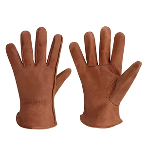 Customizable Brown Cowhide Leather Double Palm Safety Working Gloves for Men Used in Construction