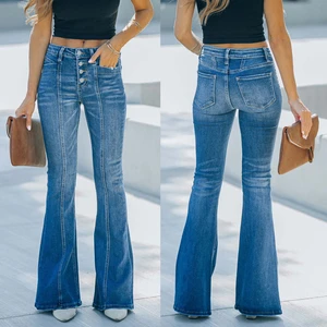 2025 New Arrival Fashion Casual Distressed Denim Pants Stretch Slim Fitting Wash Button up Flare Jeans for Women