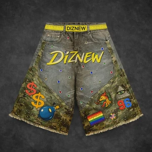 DiZNEW Men's Jeans Shorts Streetwear Custom Camouflage Rhinestone Denim Jorts 14oz 300 Gsm Shorts for Men High Quality