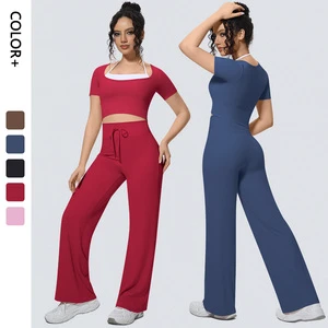 Wholesale Halter Neck Yoga Set Women Short Sleeve Sports Top Padded Naked Feeling Wide Leg Pants Fitness Set