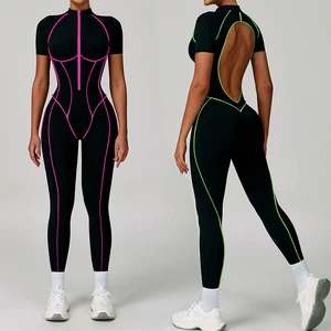 2025 New Women's Yoga Onessuit High Strength Fitness Deep V Short Sleeve Top Yoga Pants Sports Zip Bra Jumpsuit Gym Bodysuit