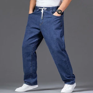 Comfortable Men's Casual Denim Pants High Stretch Elastic Waistband Plus Size Jeans Straight Cut Soft Cotton Blend Trousers