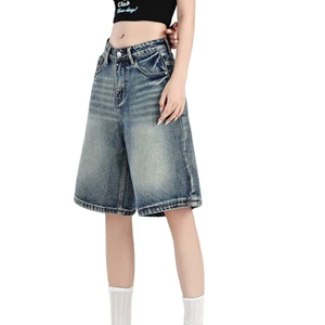 Women's Vintage American Mid Waist Straight Loose Fit Eco-Friendly Color Fade Proof Polyester/Cotton Solid Denim Shorts-Summer