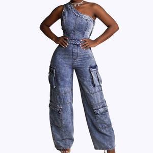 Women One Shoulder Cargo Denim Jumpsuit Wide Leg One Piece Streetwear Sleeveless High Waist Vintage Washed Jean Romper