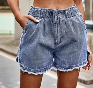 Women's High Waisted Elastic Denim Sports Gym Shorts with Drawstring Closure Casual Summer Shorts for Teen Girls
