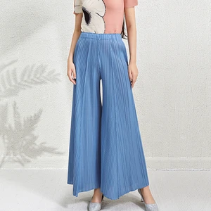 Miyake Mid Thin Pleated Elastic Waist Summer Women's Casual Vintage Bell-bottom Wide-leg Long Pants 100% Polyester High Quality