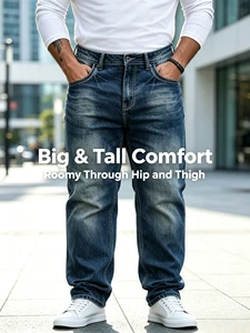 Wholesale Plus Size Men's Streetwear Jeans Classic Washed Blue Denim Straight Leg Stretch Breathable Big & Tall US Market Casual