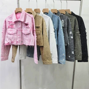 2025 Womens Jacket Short Torn Tassel Denim Jackets Full Diamonds Rhinestones Jackets Bling Bling Denim Distressed