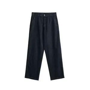 Men's Relaxed Fit Denim Trousers Straight Leg Half Elastic Waist Blue Jeans Comfortable Casual Long Pants