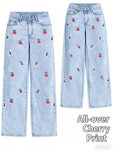 2025 Women's Summer New Mid Waist Loose Slimming Vintage Streetwear Casual Solid 3D Embroidery Straight Floor Length Denim Jeans