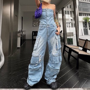 Off Shoulder Women Cargo Denim Jumpsuit With Pockets Solid Button up Wide Leg Stacked Rompers 2023 Winter Streetwear One Piece