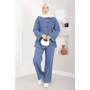 Women's Light Blue Denim Suit Belt Detail Jacket and Pants Coordinating Set