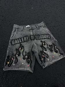 Custom Luxury Heavyweight Short Denim Applique Belted Vintage Short Triple Waist Jean Distress Jeans Hem Men Shorts