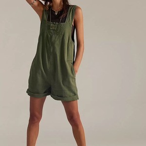 New Fashion Women's Green Denim Overalls Shorts Loose Fit Mid Waist Casual Summer Style With Pockets Breathable Cotton Jumpsuit