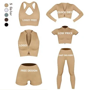 5 Pieces Activewear Seamless Workout Suit Ribbed Yoga Outfit Woman Training Wear High Waisted Breathable Gym Fitness Set
