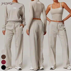 YOKE New Women 4pcs Suit Long Sleeve Gym Tank Top Jogger Sweatpants Sweatshirt Clothing Yoga Vest Sports Bra Fiess Set