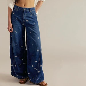 Acid Wash Denim Embroidery Women'S Jeans Wide Leg Loose Women Pants Cotton Slim Lady High Waist Straight Jeans