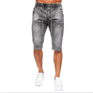 Men's Washed Denim Bermuda Shorts Mid Waist Drawstring Closure Casual Style Solid Color Cotton Fabric Breathable Design
