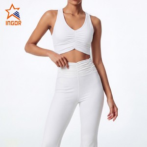 Custom Logo Womens Yoga Set Ruched Front Crop Sports Bra And High Waist Flare Leggings Buttery Soft 2 Piece Activewear Gym Set
