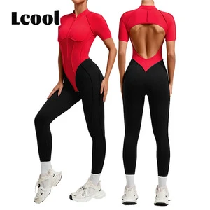 Lcool Wholesale One Piece Workout Romper Backless Zip up Bodysuit Gym Fitness Set Women's Jumpsuit Sportswear