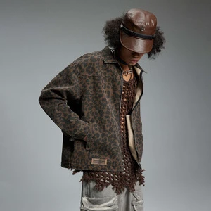 2025 Autumn Men's Clothing American Retro Detroit Denim Jacket with Front Logo Zipper Closure and Washed Leopard Print