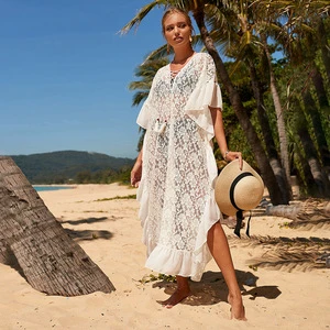 Swimsuit Cover Ups Beach Wear Vacation Sun Proof Beach Clothing Plus Size Women White Beach Cover up Dress