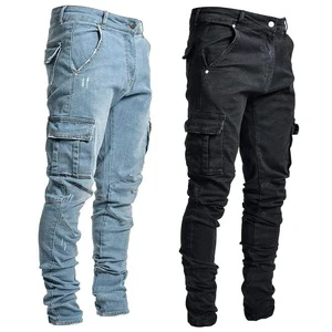 Fashion Denim Solid Color Men's Casual Skinny Work Pants Stretch Zippered Jeans
