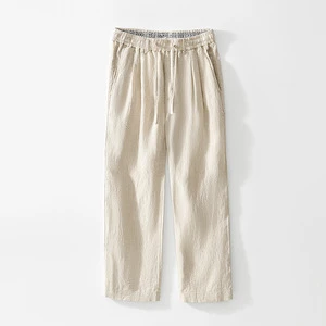 Men's 100% Pure Linen Mid Waist Casual Drawstring Beach Trousers Japanese Style Spring Breathable Wide Leg Plus Size Bottoms