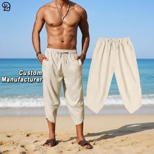 Men Linen Blend Cropped Pants Loose Fit Wide Leg Summer Casual Beach Yoga Trousers Lightweight Breathable Capri Vacation Bottoms