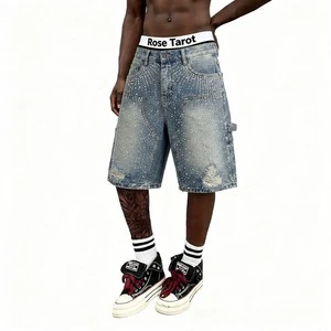 American-style High Street Light Blue Hot Drilling Denim Shorts Fireworks Drill Men's and Women's Loose Wide-leg Pants Straight