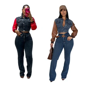 Trendy Denim Suit Popular in Europe.This Women's Outfit Features a Leather U-shaped Denim Patch Jacket Paired with Stretch Pants