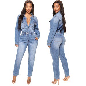 YUANBOFEI Women's Denim Jumpsuit Lapel Long Sleeve Elastic Waist Fashion Ladies Denim One Piece Outfit Women Jeans Casual Slim