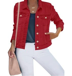 Women's Basic Buckle Elastic Slim Fit Long Sleeved Denim Motorcycle Jacket Autumn Winter Casual Varsity Bomber Cotton Fill Solid
