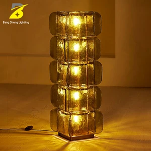 Amber Textured Glass Cube Floor Lamp Layer Square Block Standing Light Bronze Metal Frame Tall Column Floor Lamp