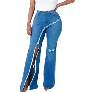 KY DIstressed Fashion Design Washed Blue High Quality Wide Leg Plus Size Women's Jeans Pants Denim