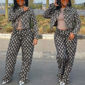 S1339 Chic Design Fashion High Quality Denim Woman 2 Piece Set Outfit Long Sleeve Grid Jacquard Patchwork Jacket and Pants Suits