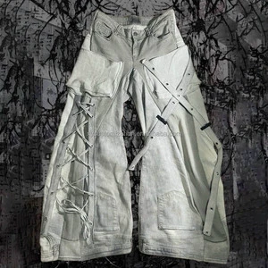 Men's Retro High Street Hip Hop Wide Leg Denim Pants Autumn Patchwork with Adjustable Drawstrings and Width Design