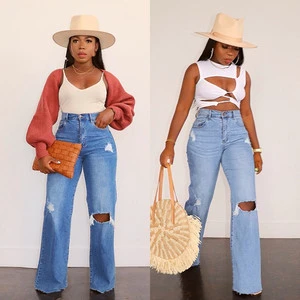 Fall Winter Spring Wholesale Streetwear Fashion Straight Ripped Trousers Jeans Ladies Spring Hot Sales Denim Women'S Jeans