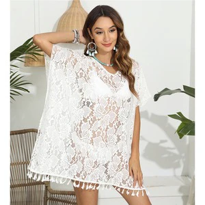 Factory Women V Neck Sexy See Through Beach Cover Ups Lace Dress for Vacation Summer Bikini Cover-up Beachwear for Women 2024
