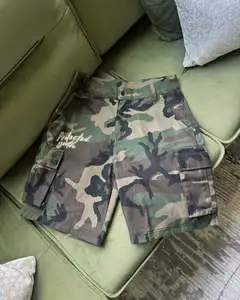 High Quality Streetwear Logo Printed Cropped Pants Cotton Twill Fabric Custom Pattern Utility Camo Cargo Denim Shorts