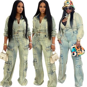 Think 2025 Women's Vintage Denim Crop Jacket & Cargo Jeans Set Slim Two-Piece Summer Spring