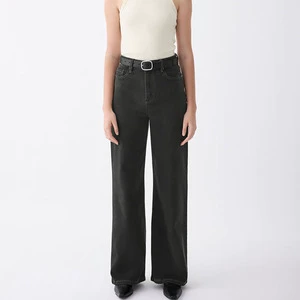 Simple Women's Black High Waist Wide Leg Full Length Denim Jeans With Belt Casual Style 100% Cotton Washable Autumn Wear Jeans