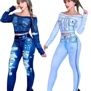 Women's Off-Shoulder Elegant Commuter Suit Long-Sleeved Pants Denim Print Ready Stock Casual 100% Polyester Quick Dry
